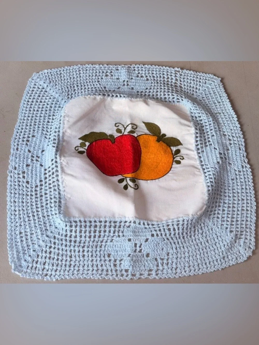 Handmade Embroidered Fruit Square in Red and Orange